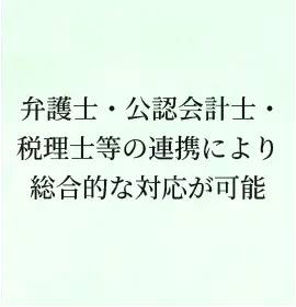 弁護士・公認会計士・税理士等の連携により総合的な対応が可能